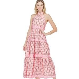 Jade Retro Geometric Halter Tiered Maxi Dress Pink Chiffon Resortwear eclectic
